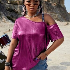 Womens Metallic One Shoulder Cutout Tunic Top